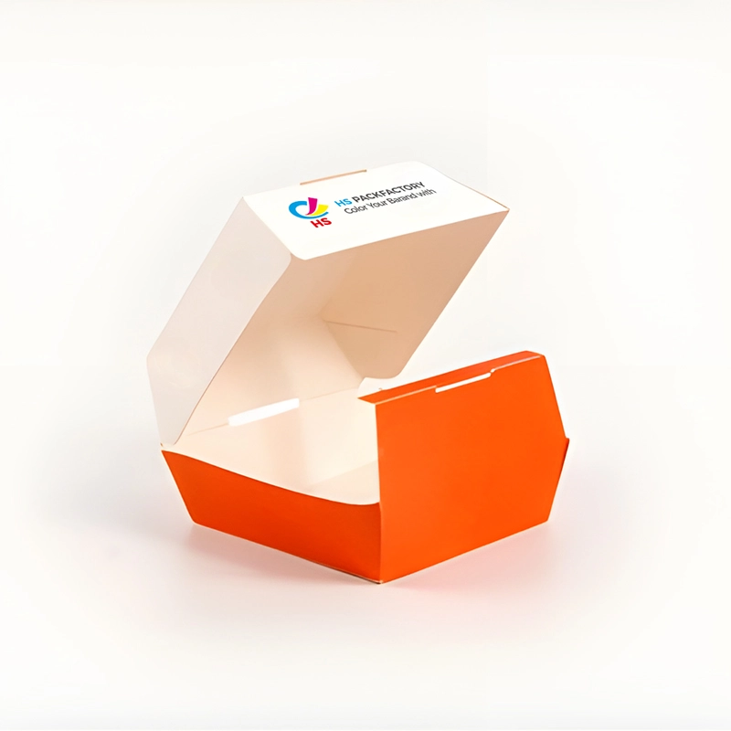 Custom burger box open clamshell view for takeaway food packaging