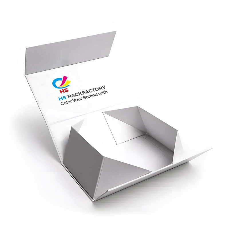 Collapsible magnetic rigid gift box shown flat and unfolded