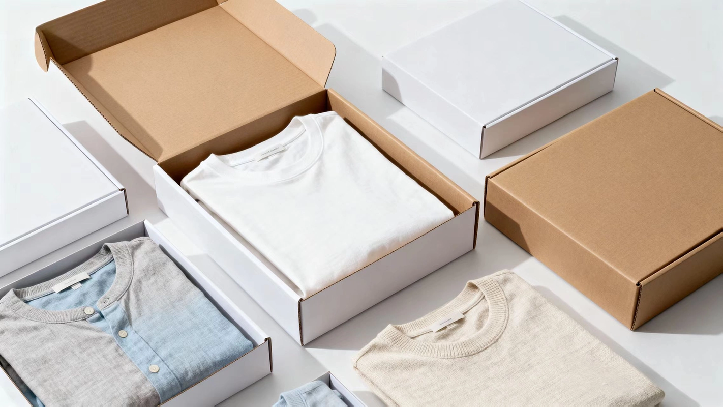 Folded apparel displayed with a corrugated mailer box