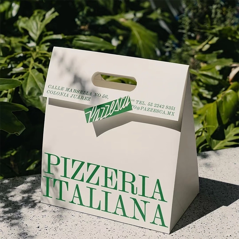 Custom paper bag with closure flap for branded takeaway packaging