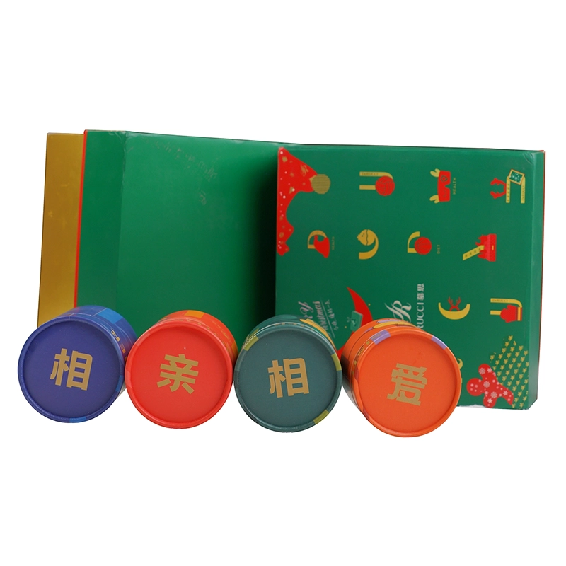 Hinged flip lid rigid gift box with four round inner packaging boxes