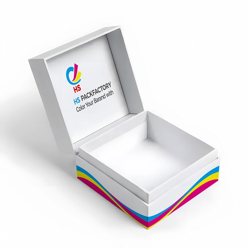 Open hinged lid rigid box with flip top presentation