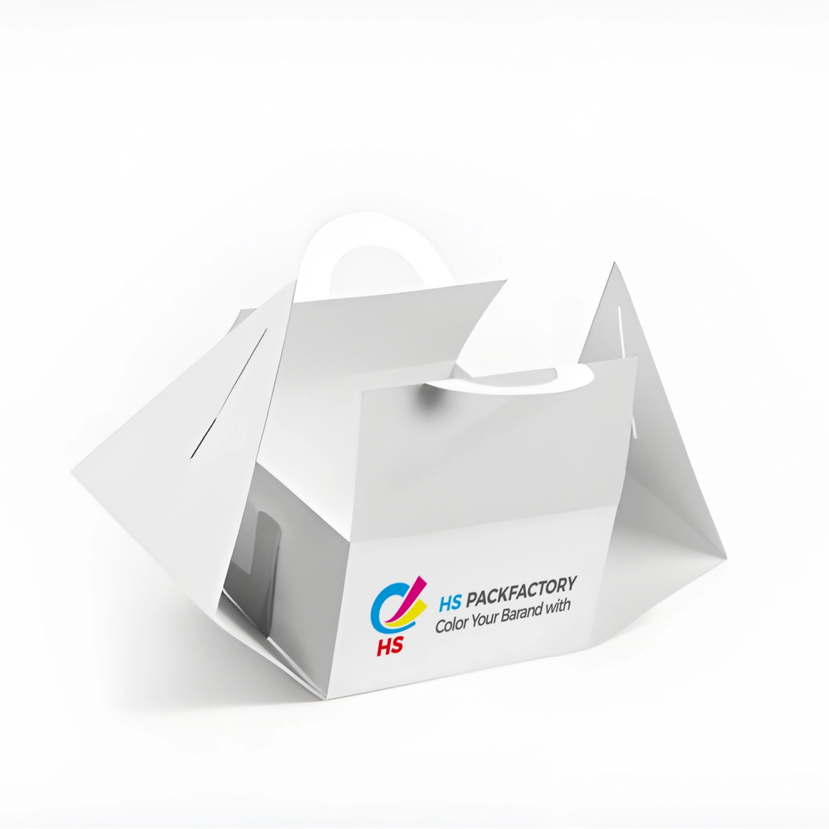 Vista de estructura abierta de una caja de pastel personalizada sin pegamento para embalaje de panadería