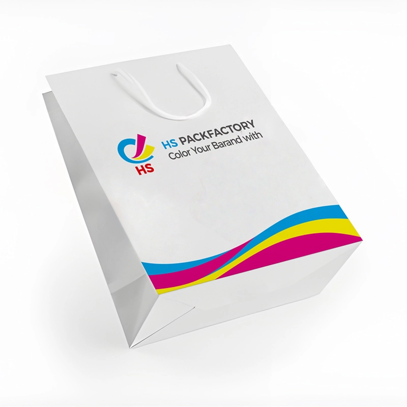 Flat paper merchandise bag for retail packaging