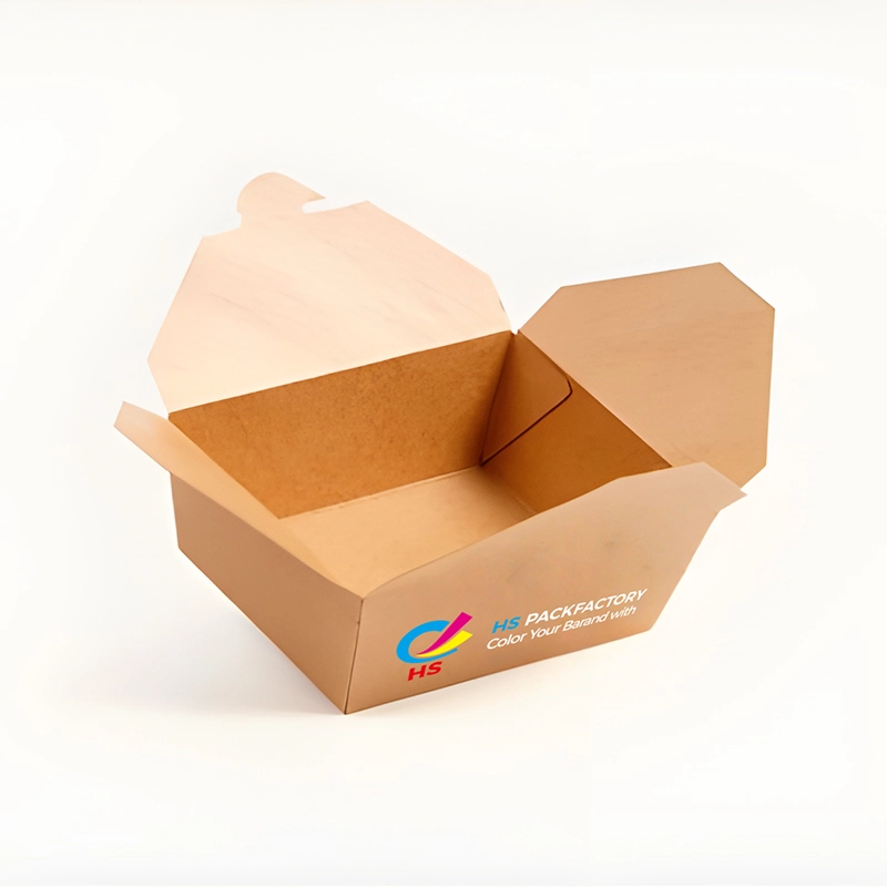 Open structuurweergave van aangepaste kraft takeaway-doos met vouwtop voor voedselverpakking