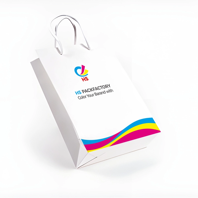 White paper shopping bag with rope handles and custom logo