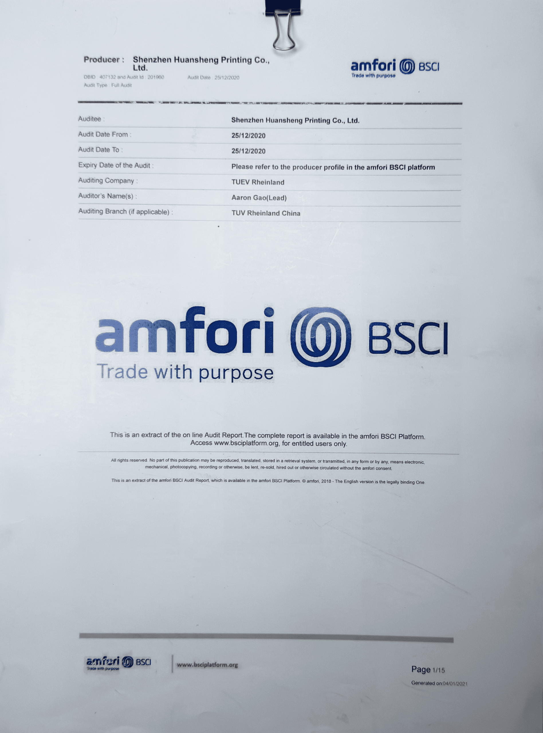 Vorschau des BSCI-Auditzertifikats für die Unterstützung von HS PACKFACTORY-Käuferdokumenten