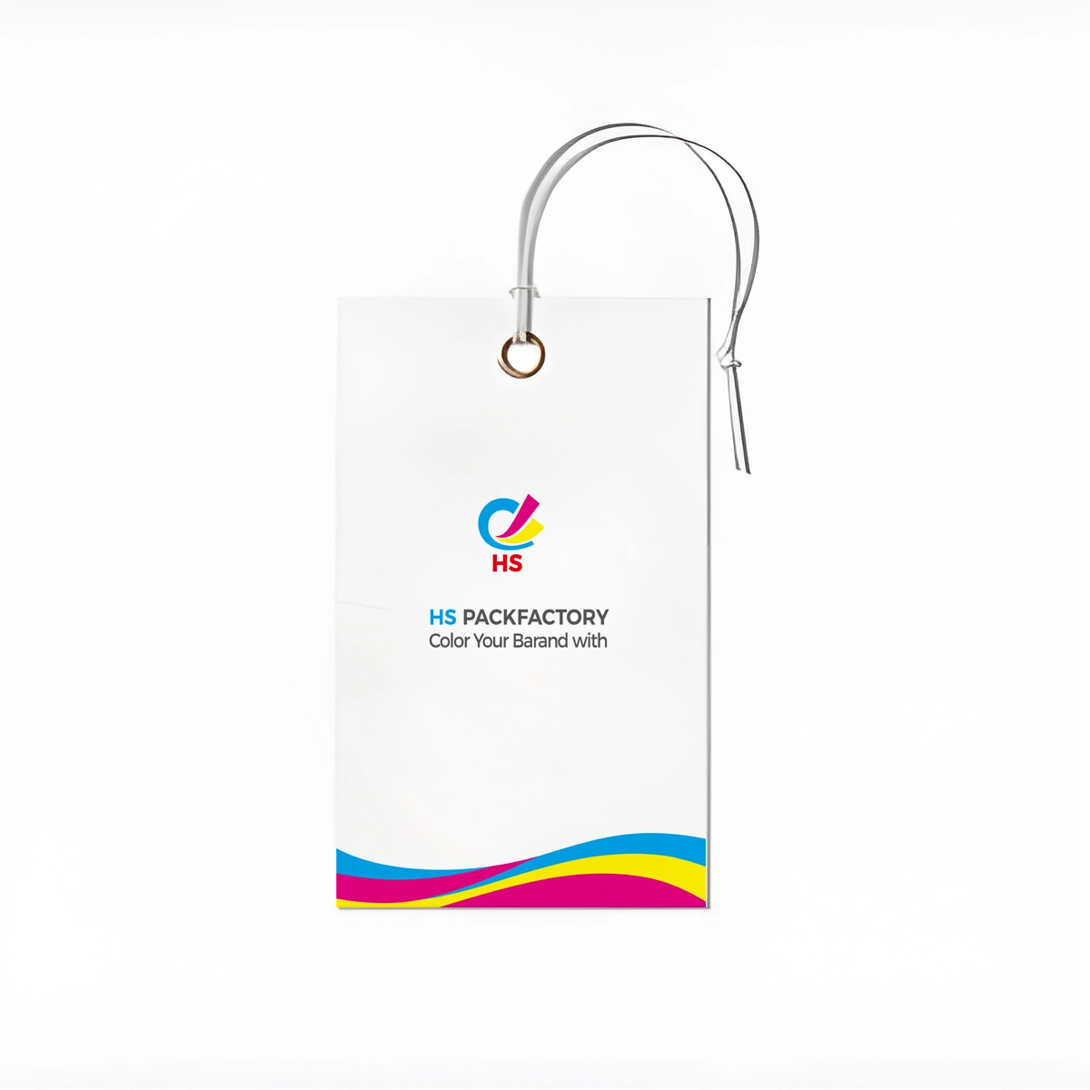 Custom rectangular hang tags with reinforced metal eyelet and string for apparel packaging