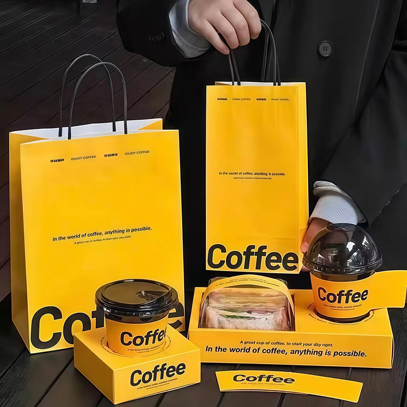 Custom coffee packaging set with takeaway bag, retail box, and branded coffee supplies