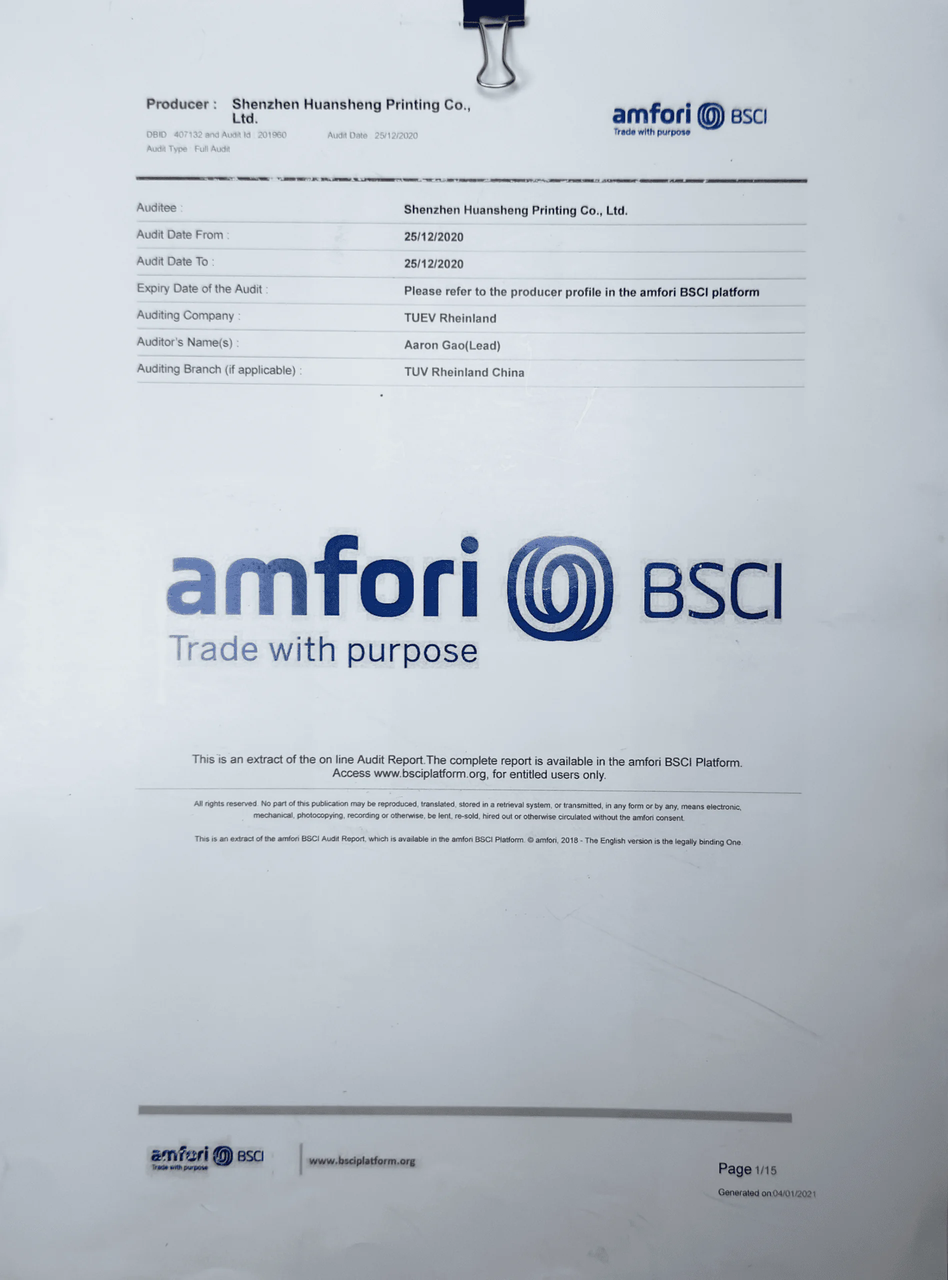 BSCI social compliance audit certificate for HS Packfactory
